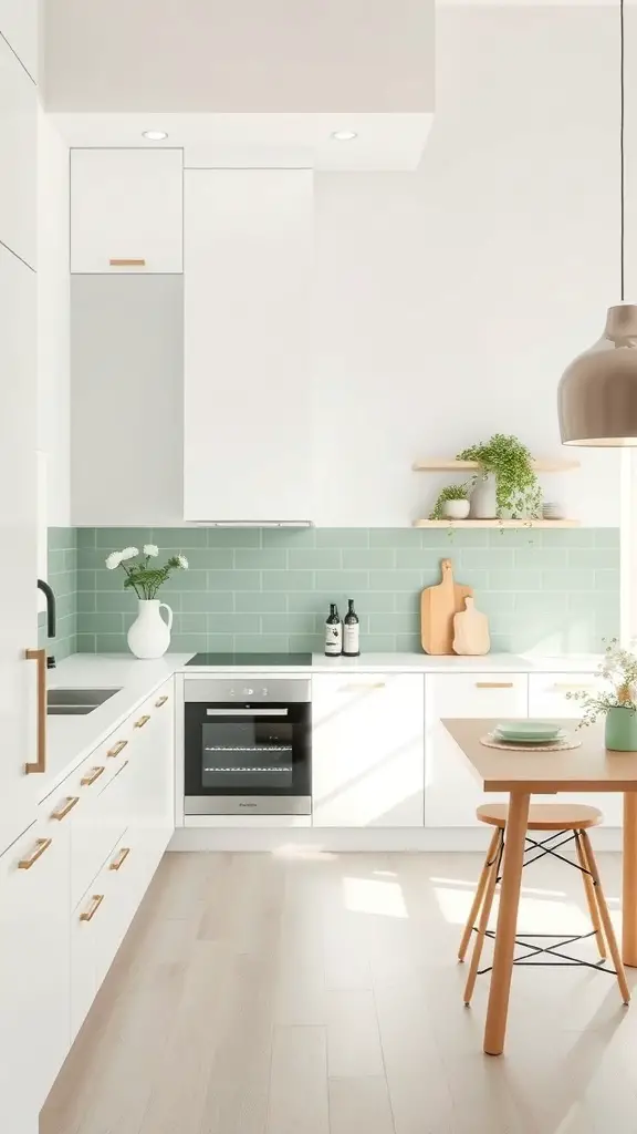 29+ Stunning Sage Green Kitchen Ideas to Transform Your Space 16 Minimalist kitchen featuring sage green tiles, white cabinetry, and wooden accents.