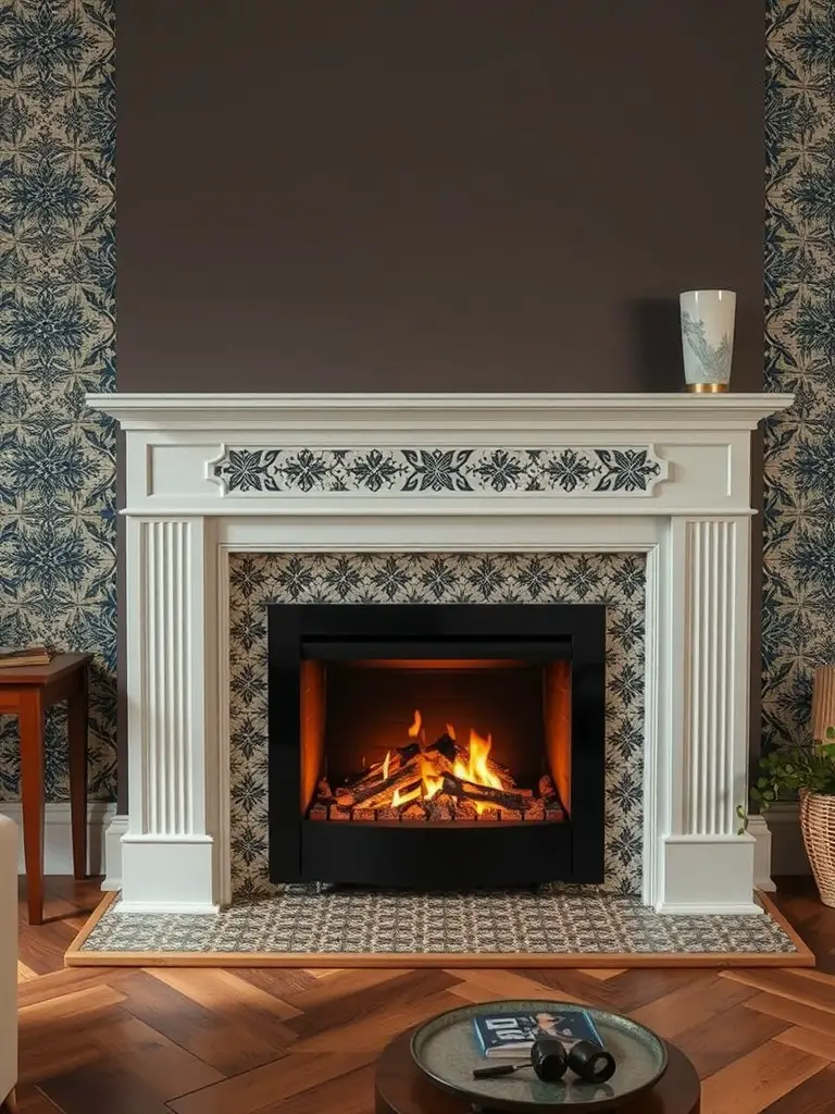 21+ Stunning Electric Fireplace Wall Ideas to Transform Your Space 8 A stylish electric fireplace surrounded by decorative tiles and a white mantel, set against patterned wallpaper.
