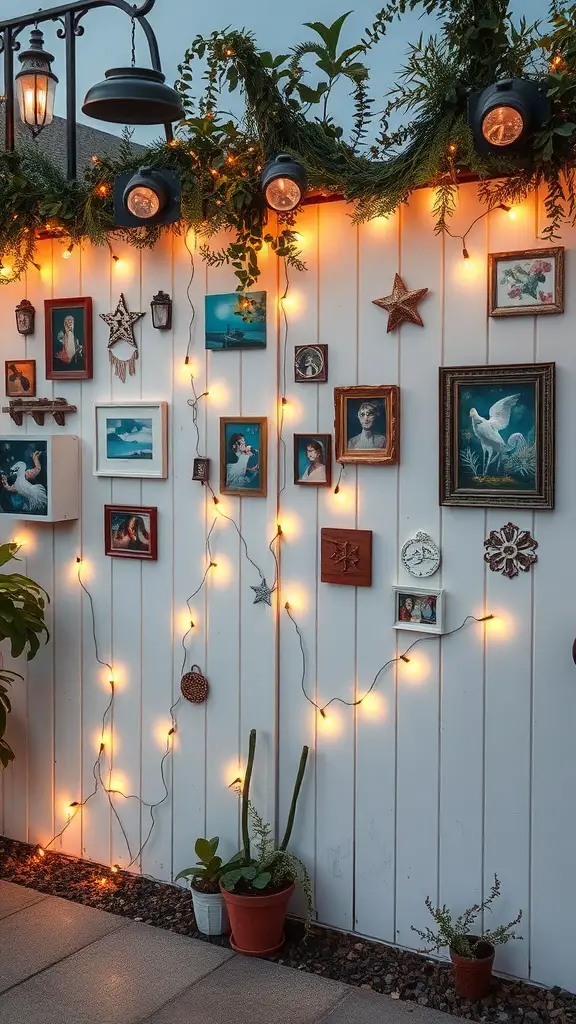 19+ Creative Privacy Wall Ideas for Your Deck 7 Decorative privacy wall with lights, plants, and framed pictures on a deck
