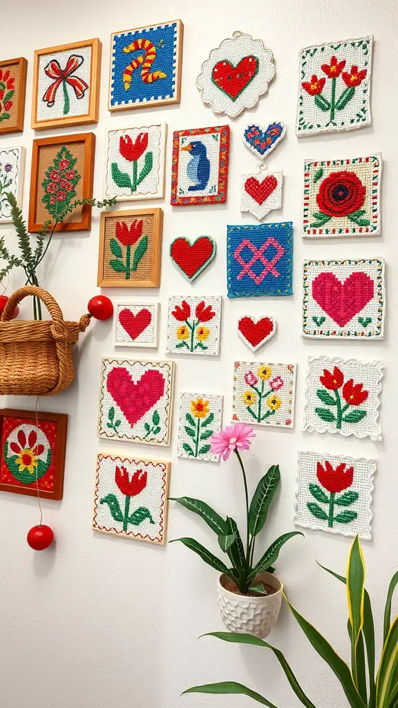 A colorful display of cross-stitched wall art featuring hearts, flowers, and playful designs, arranged in a cozy living room setting.