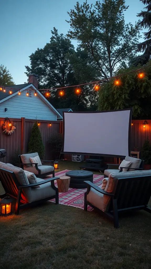 21+ Backyard Engagement Party Ideas for an Unforgettable Celebration 11 Outdoor movie screening area with chairs, a screen, and string lights