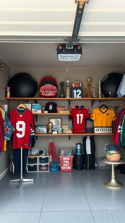 19+ Ultimate Garage Man Cave Ideas You Need to See 6 A garage man cave featuring sports jerseys, trophies, and equipment.