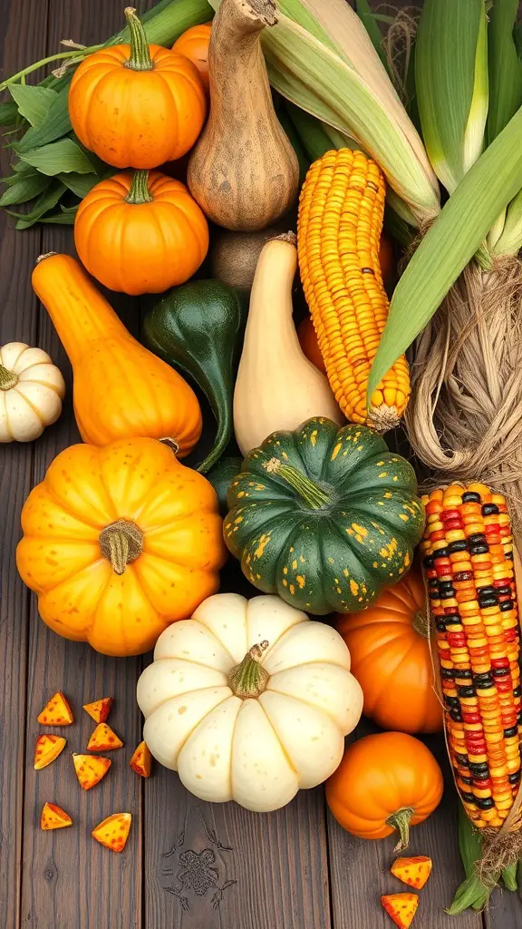 21+ Cozy Fall Decor Ideas from Hobby Lobby 15 A variety of gourds and colorful corn arranged together, showcasing fall decor.