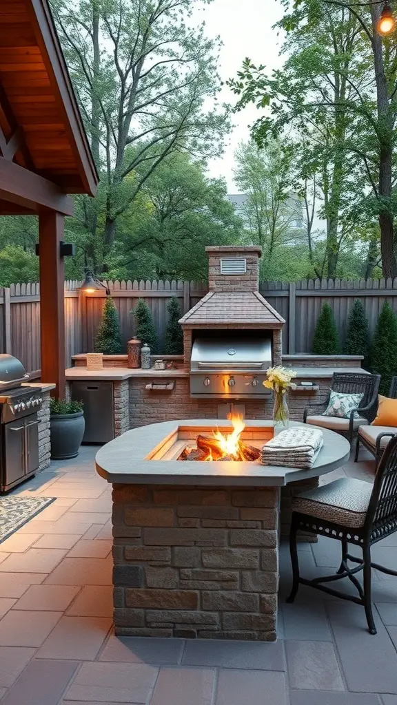 An outdoor grill island with a fire pit, surrounded by seating and greenery.