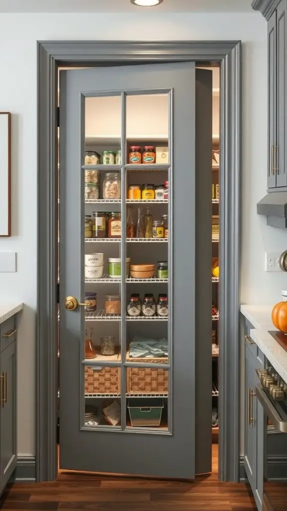 25+ Creative Pantry Door Ideas to Maximize Space and Style 12 A stylish glass paneled pantry door showcasing organized jars and containers inside.