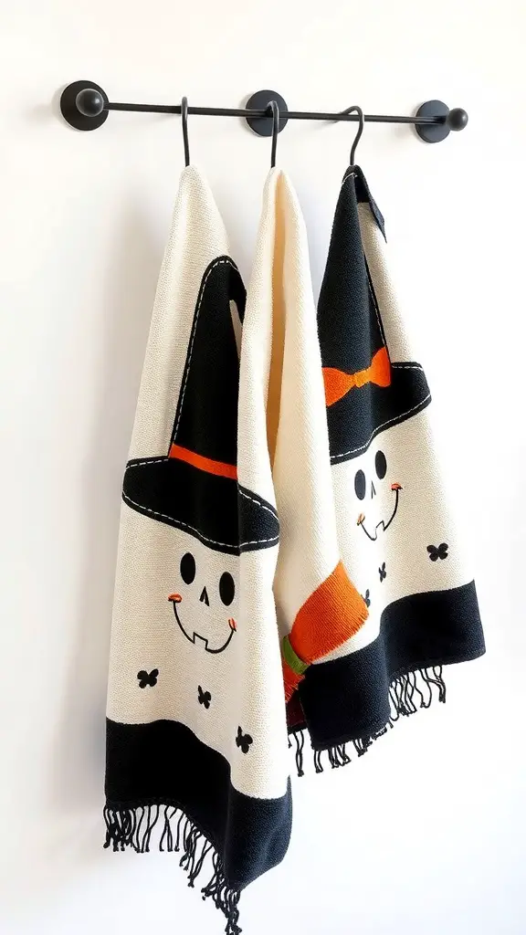 27+ Spooktacular Halloween Bathroom Decor Ideas 10 Three Halloween-themed towels featuring skulls and witch hats hanging on a black rack.