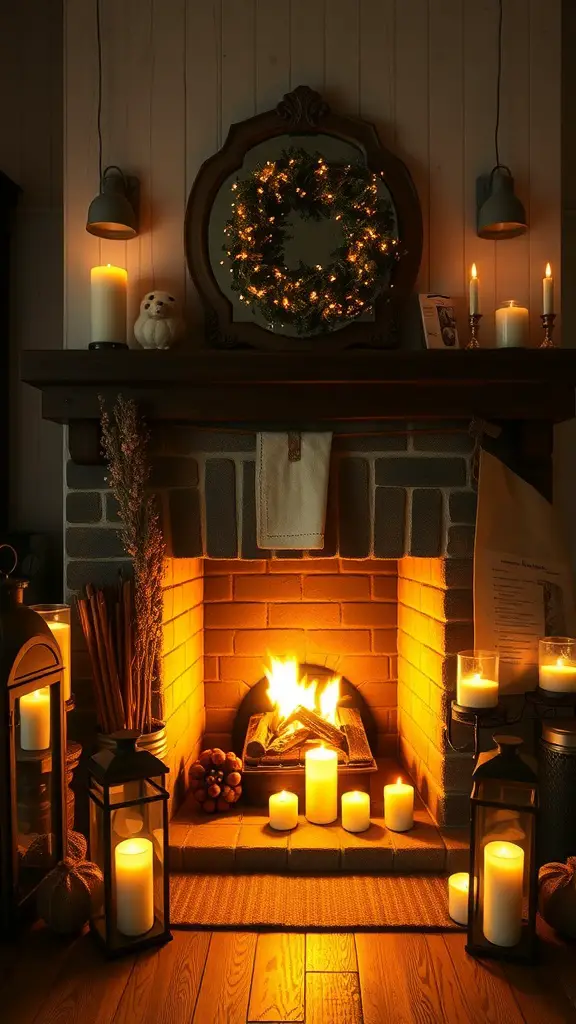 23+ Stunning Farmhouse Fireplace Decor Ideas to Transform Your Home 15 A cozy farmhouse fireplace decorated with candles, lanterns, and a wreath, creating a warm atmosphere.