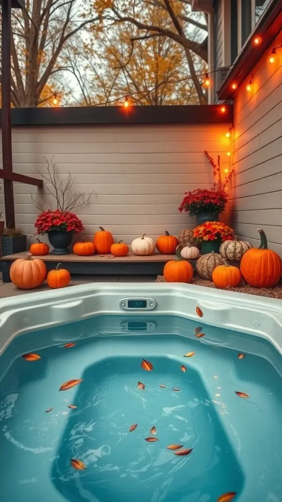 A cozy hot tub area decorated with pumpkins, flowers, and warm lights for fall.