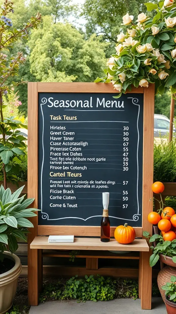 21+ Delightful Wedding Garden Party Ideas to Inspire Your Celebration 14 Seasonal menu displayed on a wooden board with various food items listed.