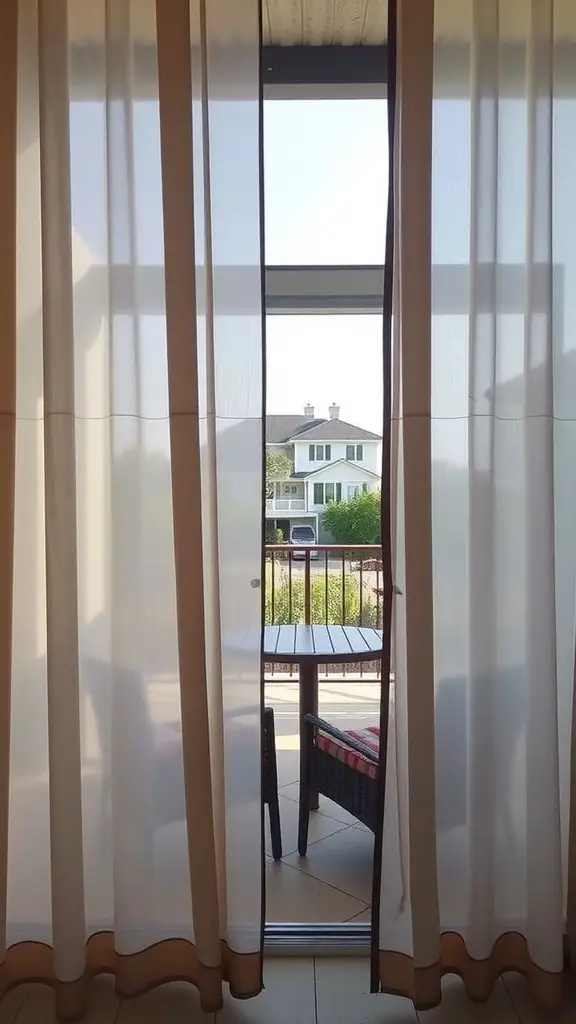 Light outdoor curtains hung in a patio space, providing shade and privacy.