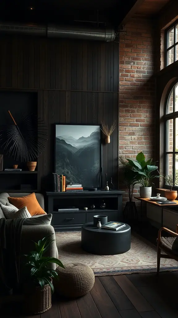 A dark boho living room featuring textured wall treatments with wood and brick.