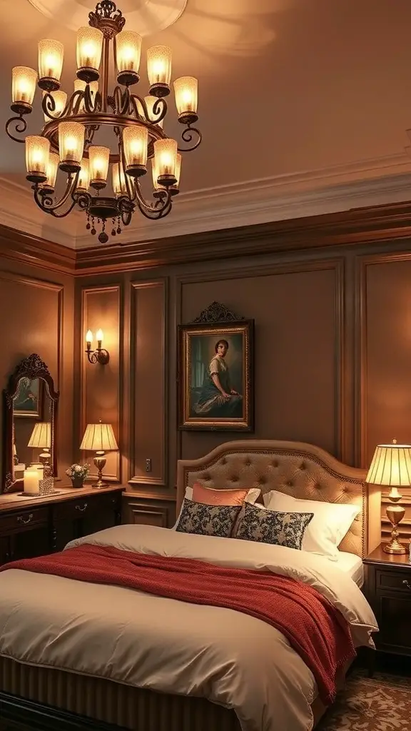 A beautifully lit bedroom featuring a chandelier and table lamps, creating a warm and inviting atmosphere.