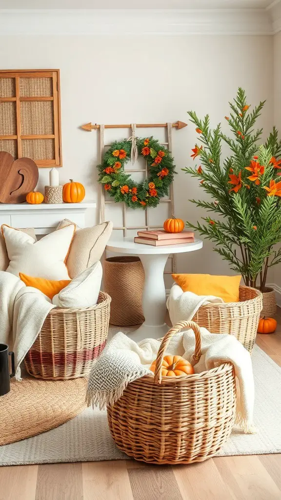 Cozy living room setup with decorative storage baskets, fall decor, and pumpkins.