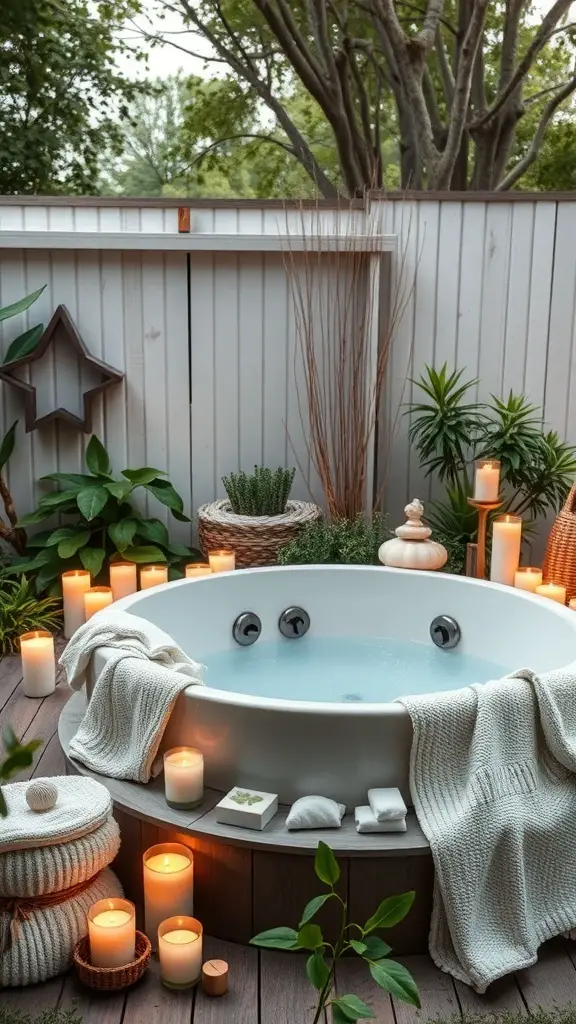 23+ Stunning Ideas for Decorating Your Garden Tub in the Master Bath 8 A garden tub surrounded by candles and plants, creating a relaxing spa-like atmosphere.