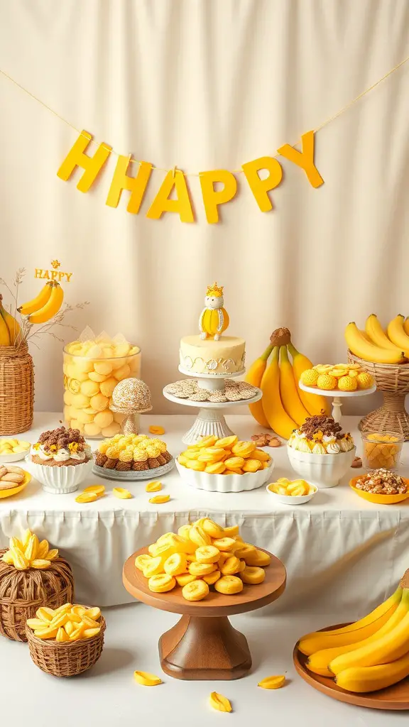 23+ Creative Curious George Birthday Party Ideas for a Fun Celebration 5 A vibrant display of banana-themed snacks and treats for a birthday party, featuring a cake, cupcakes, and fresh bananas.