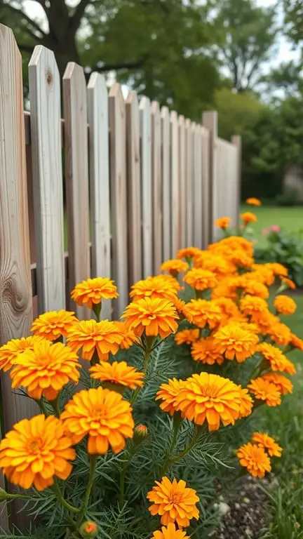 19+ Stunning Backyard Plants to Grow Along Your Fence 15 A row of bright orange marigolds blooming along a wooden fence.