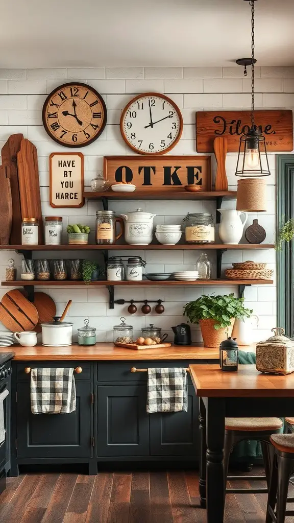 33+ Vintage Farmhouse Kitchen Ideas You'll Love 17 A vintage farmhouse kitchen featuring wooden clocks and signage on the wall, with shelves displaying jars and kitchenware.