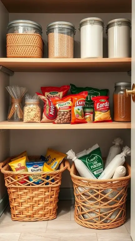 A well-organized pantry featuring under-shelf baskets filled with snacks and baking supplies.