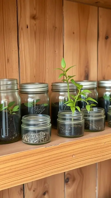 17+ Creative Mini Garden Ideas for Small Spaces 5 A collection of mason jars on a wooden shelf, some filled with soil and small plants, showcasing a mini garden idea.