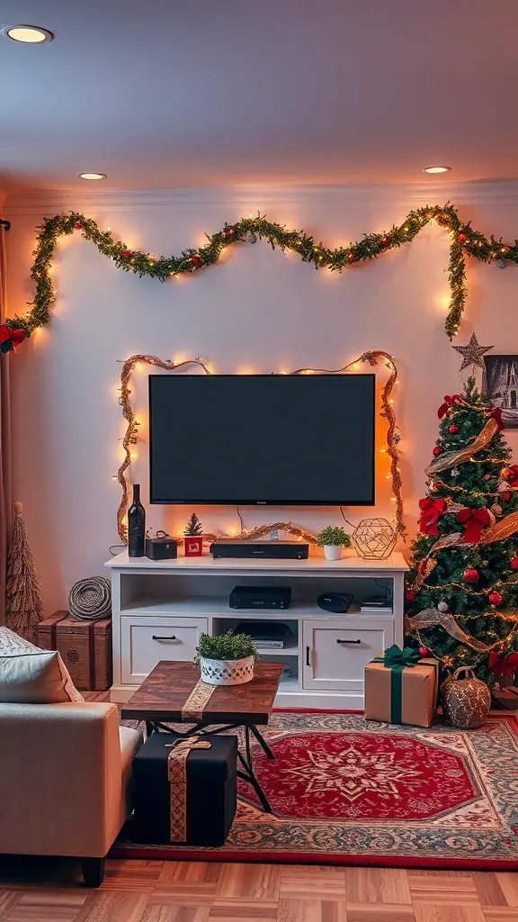 25+ Stunning TV Wall Ideas for Your Living Room 16 A cozy living room with a decorated TV wall, featuring garlands, lights, a Christmas tree, and presents.