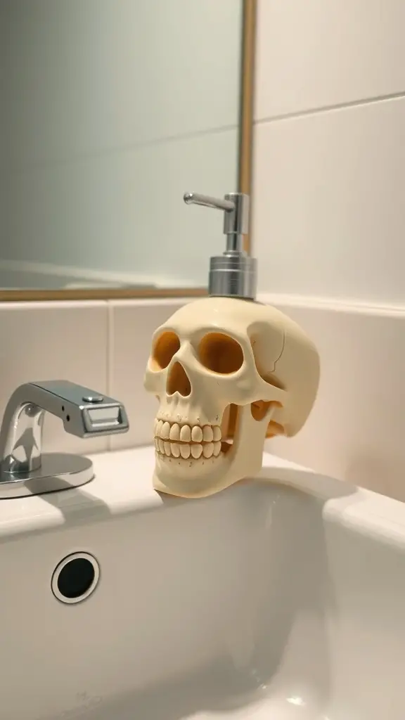 27+ Spooktacular Halloween Bathroom Decor Ideas 6 A skull-shaped soap dispenser on a bathroom sink