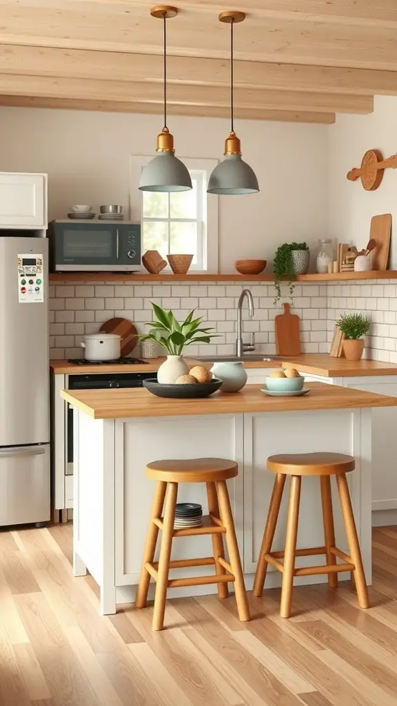 A compact kitchen island with wooden top and stools in a small cottage kitchen.