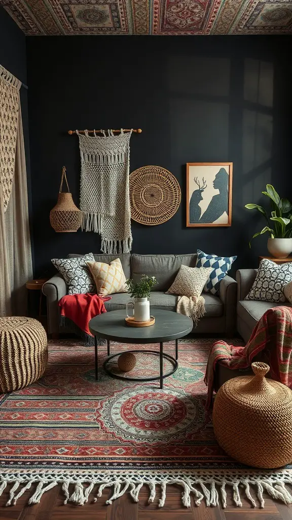 A dark boho living room featuring layered textiles, patterned pillows, and woven decor.