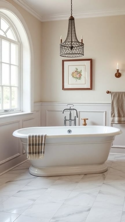 31+ Inspiring Farmhouse Bathroom Ideas You’ll Love 5 A freestanding bathtub in a farmhouse bathroom with a chandelier and framed artwork.