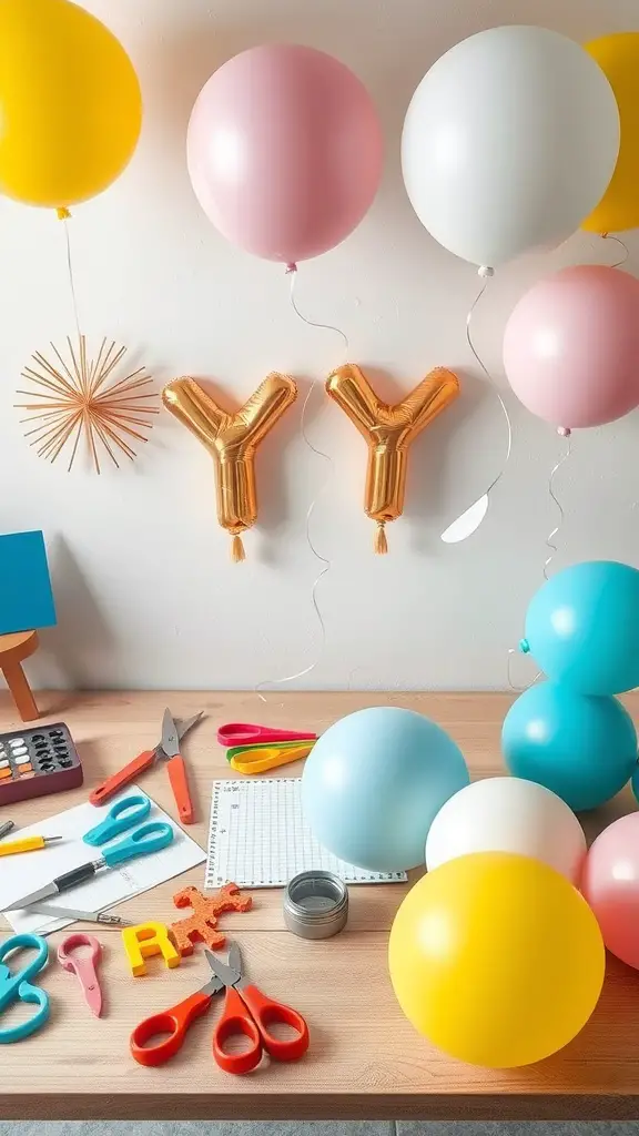 19+ Creative Balloon Decoration Ideas for Your Next Party 13 A colorful DIY balloon decoration setup with scissors and crafting tools.