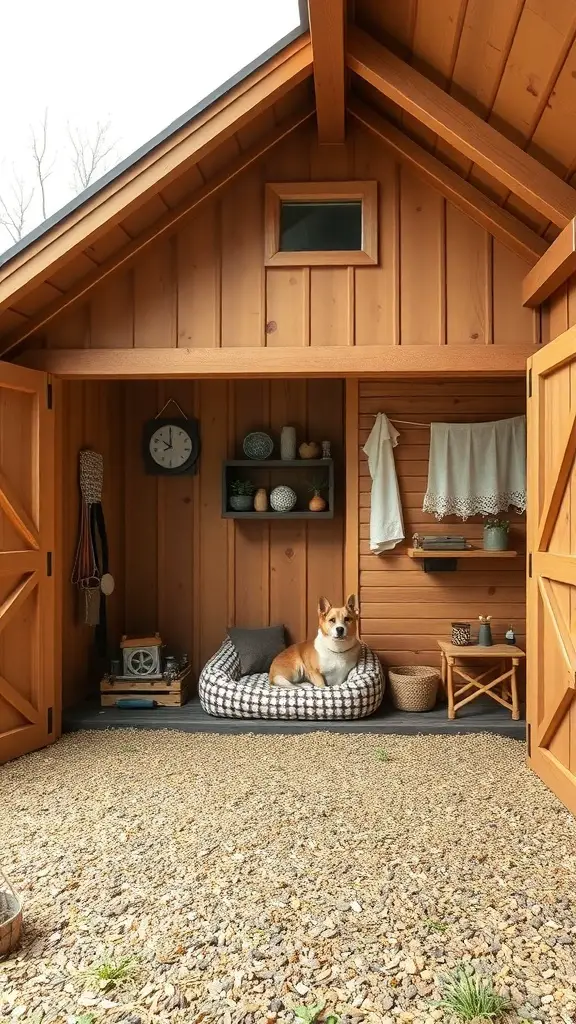 19+ Charming Barndominium Ideas for Cozy Living 11 A cozy pet-friendly corner in a small barndominium with a dog bed and wooden walls.