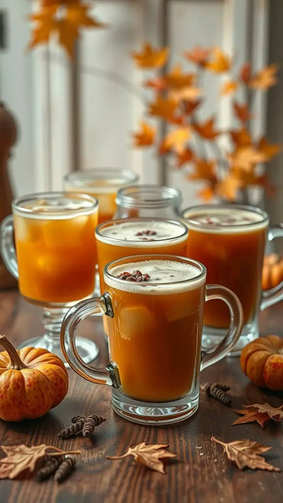 23 Vintage Fall Decor Ideas to Warm Your Home 15 Vintage glassware filled with autumn drinks surrounded by pumpkins and autumn leaves.