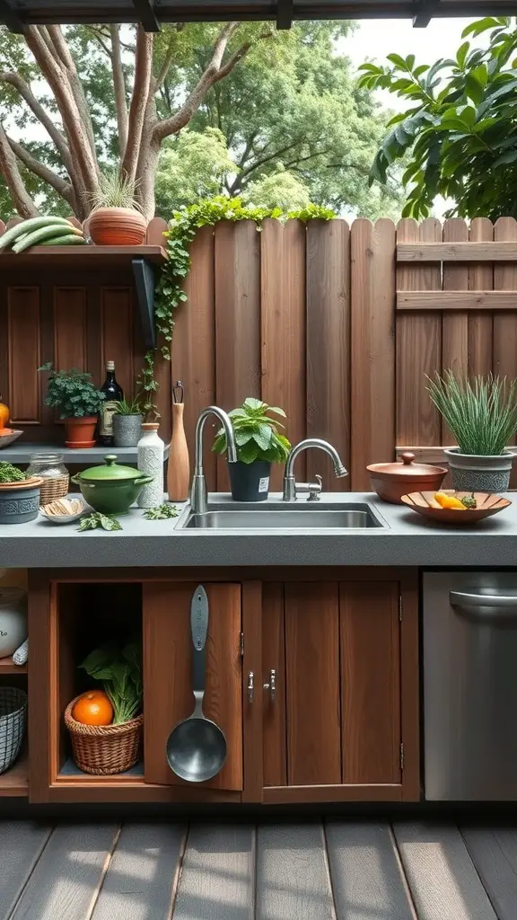 23+ Inspiring Backyard Kitchen Ideas to Elevate Your Outdoor Cooking Experience 16 An outdoor kitchen sink and prep area with wooden cabinets, fresh herbs, and colorful fruits.