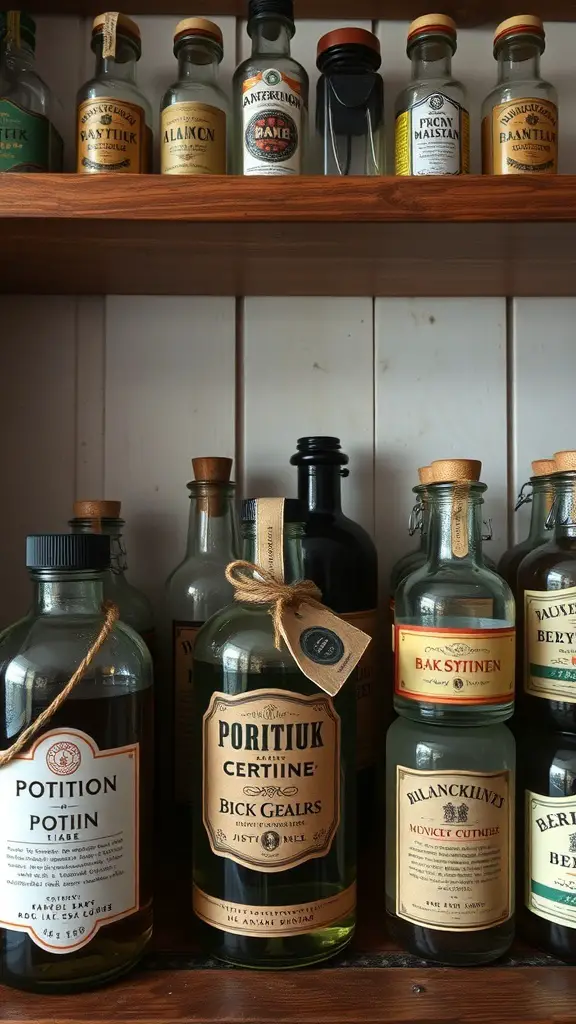 27+ Magical Harry Potter Room Decor Ideas for Every Fan 6 A collection of vintage potion bottles displayed on a wooden shelf.