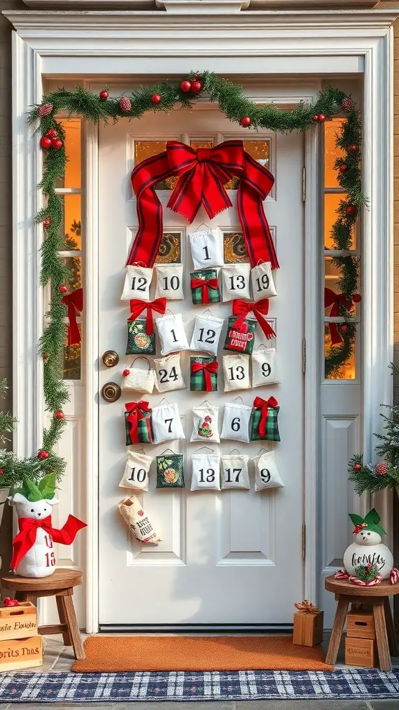 A front door decorated with an advent calendar display featuring numbered bags and a large red bow.