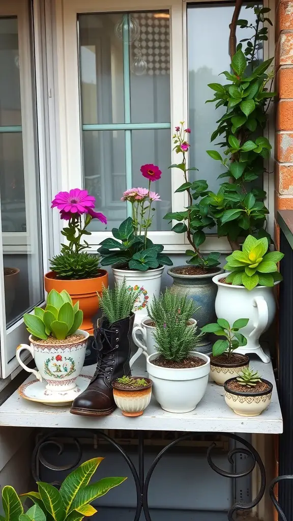A balcony garden featuring various plants in unique containers, including a boot and teacups.