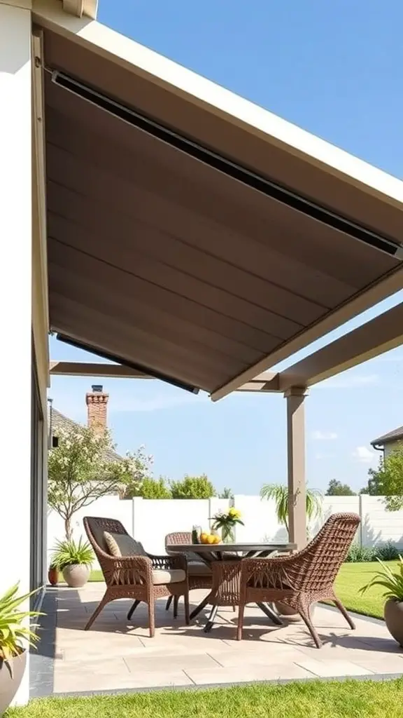 23+ Creative Patio Roof Extension Ideas You’ll Love 9 A modern patio with a retractable canopy providing shade over a dining table and chairs.