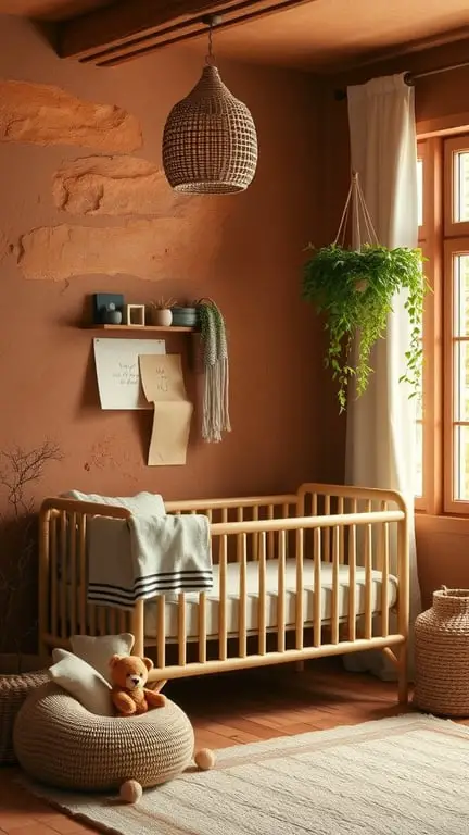 A cozy nursery featuring earthy tones, a wooden crib, and natural decor elements.