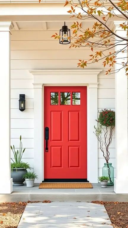 29+ Inspiring Modern Farmhouse Exterior Ideas 15 A modern farmhouse entrance featuring a bold red front door, white siding, and decorative plants.