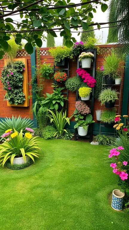 17+ Inspiring Turf Backyard Ideas for a Gorgeous Outdoor Space 16 A vibrant vertical garden with colorful flowers and lush greenery on a brick wall, complemented by soft artificial turf in the foreground.