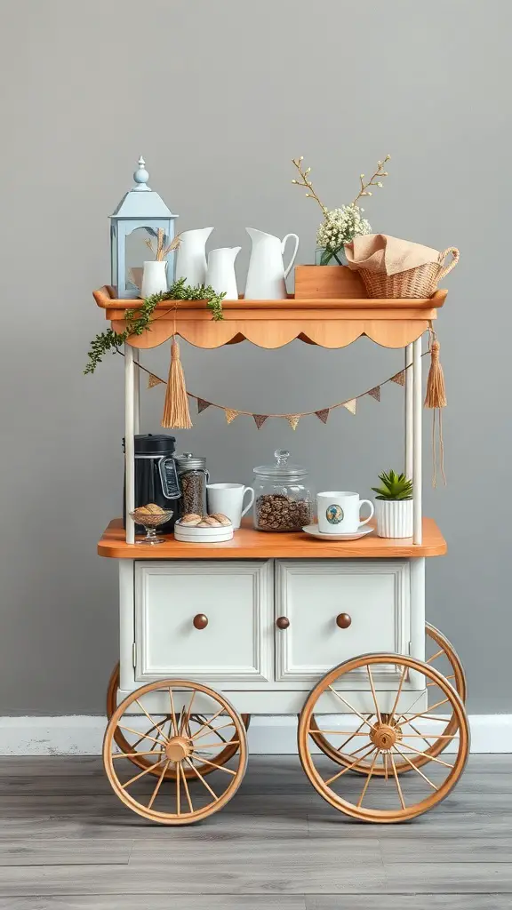 21 Unique Coffee Corner Ideas to Enhance Your Home Decor 8 A stylish coffee cart on wheels with coffee-making essentials and decorative items.