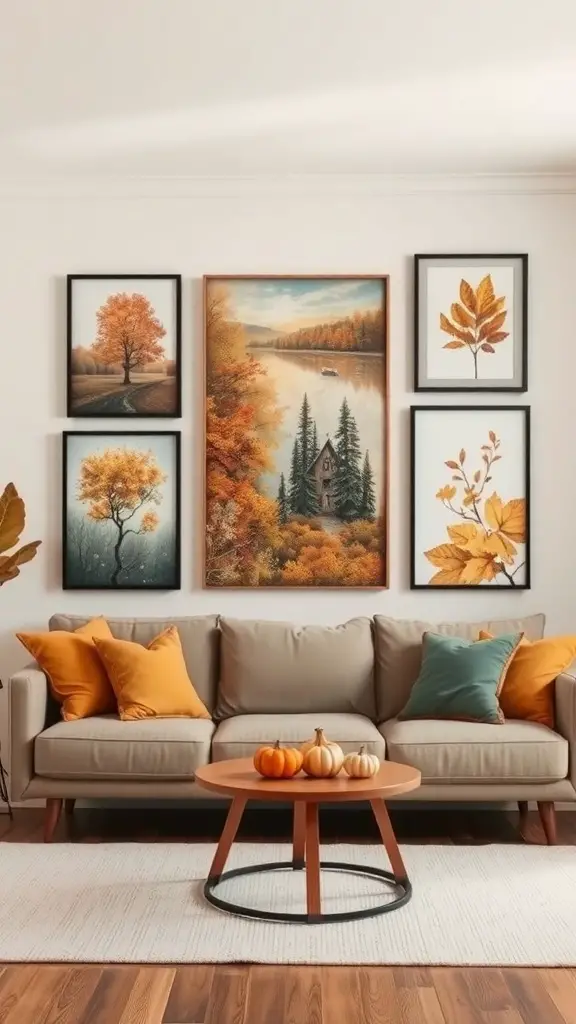 23+ Cozy Fall Living Room Decor Ideas to Transform Your Space 11 Cozy living room with fall-themed artwork and prints