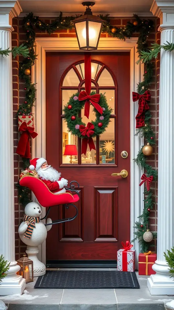 A beautifully decorated front door for Christmas featuring a wreath, garlands, Santa in a sleigh, and a snowman.