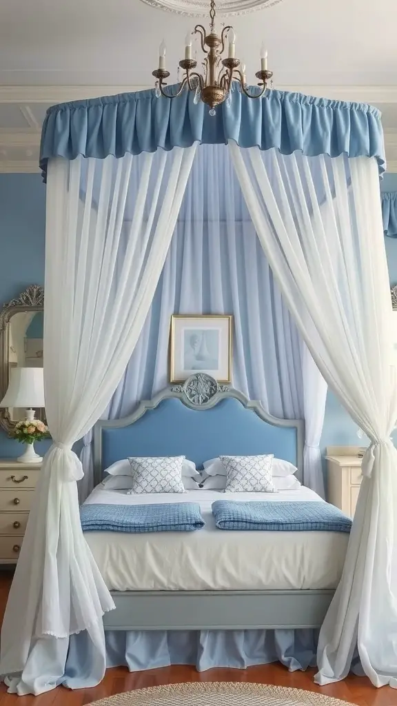 A romantic blue and white canopy bed with soft drapes and elegant decor.