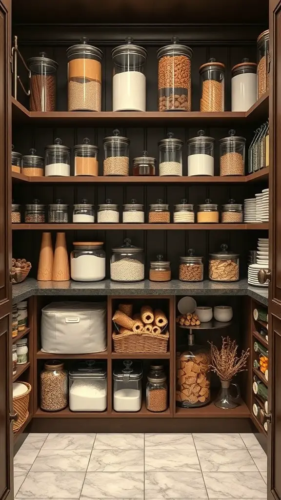 A well-organized butler's pantry featuring glass containers filled with various ingredients.