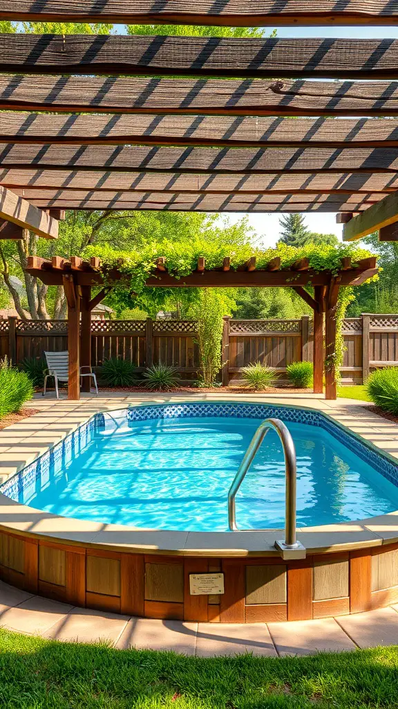 17+Creative Sunken Above Ground Pool Ideas for Your Backyard 13 A sunken above-ground pool with a rustic wooden pergola overhead, surrounded by greenery.