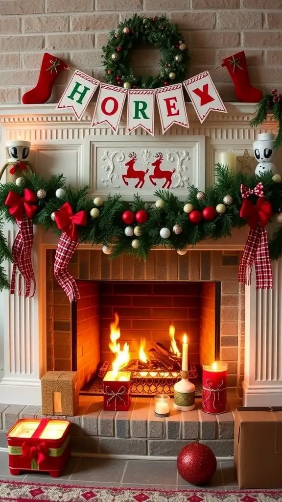 21+ Cozy Fireplace Christmas Decoration Ideas to Transform Your Home 10 A decorated fireplace with a 'MERRY CHRISTMAS' banner, garland, and festive ornaments.
