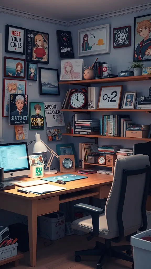 A cozy otaku workspace with anime art on the walls and a wooden desk.