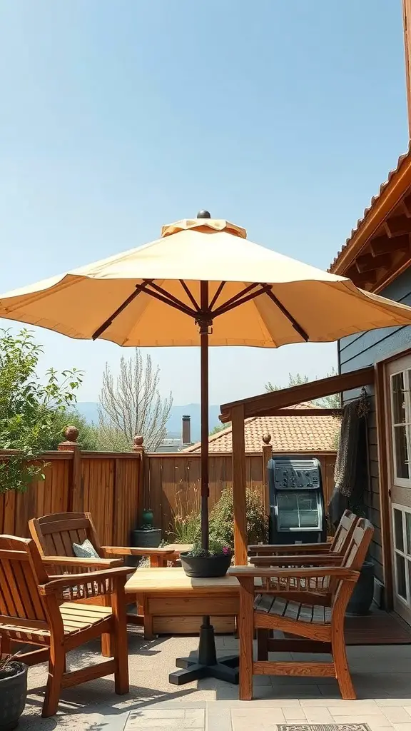 17+ Creative Patio Umbrella Ideas for Your Outdoor Space 7 A wooden frame patio umbrella with a yellow canopy over wooden furniture in a sunny outdoor setting.