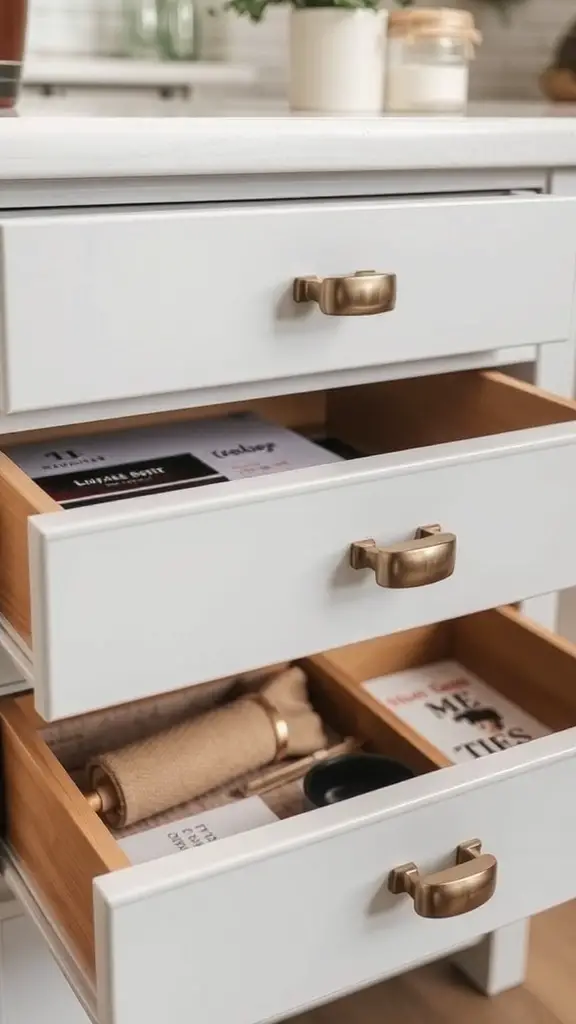 21+ Creative Drawer Organization Ideas for a Clutter-Free Home 8 A wooden drawer unit with various organized items, including plants, a decorative pot, and colorful vegetables.