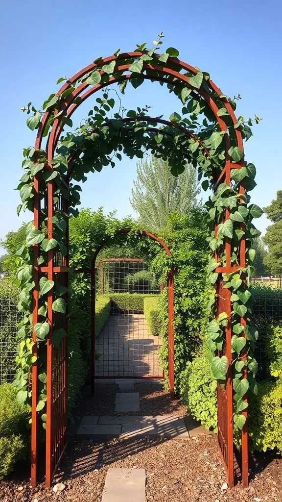 19+ Stunning Rusty Metal Garden Art Pieces to Transform Your Outdoor Space 8 A metal garden arch covered in green vines, leading into a lush garden.